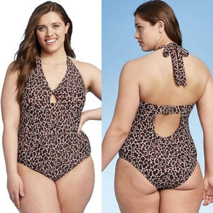 NEW! Kona Sol Women's Twist-Front One Piece Swimsuit Plus Size 16W Leopard Print